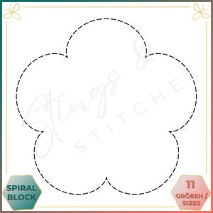 Könnte beinhalten: Ein weißes, blütenförmiges Design mit gestrichelter Umrandung, das den Text "Stings & Stitches" in hellgrauer Schrift enthält. Das Design befindet sich vor einem Farbverlaufshintergrund aus Türkis, Gold und Koralle. Enthält den Text "Spiral Block" und "11 Größen".