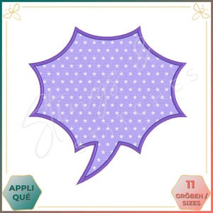 May include: Purple speech bubble with a white star pattern. The speech bubble has a rounded edge and a pointed tail. The text "11 Größen / Sizes" is in the lower right corner of the image.