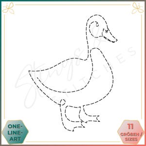 Könnte beinhalten: Eine Schwarzweiß-Zeichnung eines Enten. Die Ente ist mit einer gestrichelten Linie umrandet. Das Bild ist mit "ONE-LINE-ART" und "11 SIZES" beschriftet.