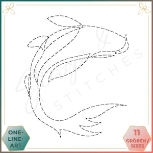 Könnte beinhalten: Eine Schwarzweiß-Linienzeichnung eines Fisches mit einer gestrichelten Linienumrandung. Das Bild ist mit "One-Line Art" und "11 Größen/Sizes" beschriftet.