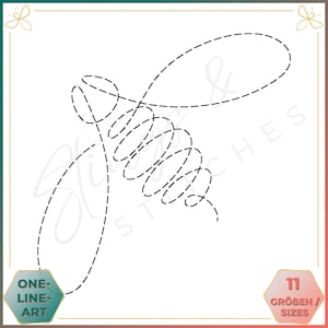 Könnte beinhalten: Eine Schwarzweiß-Linienzeichnung einer Biene, die mit einer einzigen durchgehenden Linie erstellt wurde. Die Biene ist stilisiert und abstrakt dargestellt, wobei ihr Körper einer Spirale ähnelt.