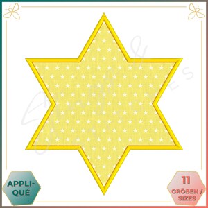 May include: A yellow six-pointed star with a white background filled with small white stars. The star is outlined in a thick yellow border. The text "11 Größen / Sizes" is in the lower right corner of the image.
