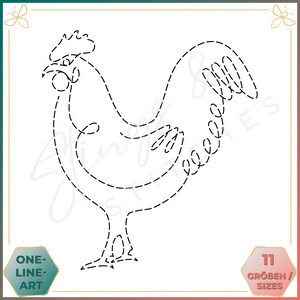 Könnte beinhalten: Eine Schwarzweiß-Linienzeichnung eines Hahns mit gepunkteten Linien zum Nachzeichnen. Das Bild ist mit "One-Line Art" und "11 Größen / Sizes" beschriftet.