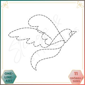 Könnte beinhalten: Eine schwarze One-Line-Art-Illustration eines Vogels im Flug, erstellt mit einem gestrichelten Linien-Effekt. Das Bild enthält den Text "ONE-LINE-ART" und "11 GRÖBEN / SIZES" in einem sechseckigen Rahmen.