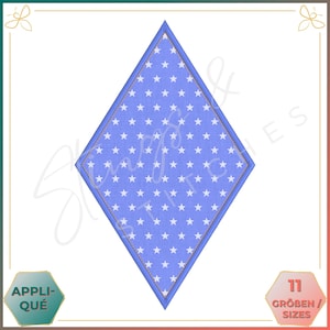 Könnte beinhalten: Eine blaue rautenförmige Applikation mit einem weißen Sternenmuster. Die Applikation hat einen goldenen Umriss.