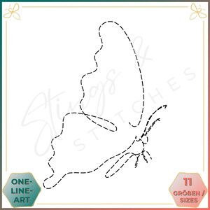 Könnte beinhalten: Eine Schwarzweiß-Linienzeichnung eines Schmetterlings. Der Schmetterling ist mit einer gepunkteten Linie umrandet. Das Bild ist mit "One-Line Art" und "11 Größen/Sizes" beschriftet.