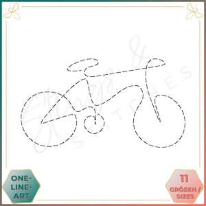 Könnte beinhalten: Eine Schwarzweiß-Linienzeichnung eines Fahrrads. Das Fahrrad ist in einer einzigen Linie gezeichnet, wobei die Räder und der Rahmen miteinander verbunden sind. Die Zeichnung ist einfach und elegant und würde perfekt zu einem minimalistischen Design passen.