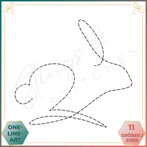 Könnte beinhalten: Eine Schwarzweiß-Linienzeichnung eines Kaninchens, umrandet mit einer gestrichelten Linie. Das Bild trägt den Titel "One-Line Art" und enthält den Text "11 Größen / Sizes".
