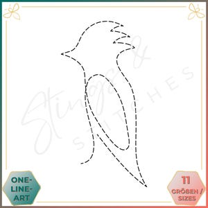 Könnte beinhalten: Eine Schwarzweiß-Linienzeichnung eines Vogels, die mit einer gepunkteten Linie umrandet ist. Das Bild ist mit "One-Line Art" und "11 Größen/Sizes" beschriftet.