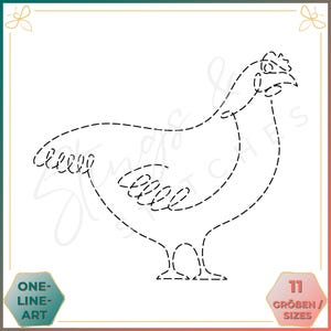 Könnte beinhalten: Eine Schwarzweiß-Linienzeichnung eines Huhns. Das Huhn ist mit einer gestrichelten Linie umrandet. Das Bild ist mit "One-Line Art" und "11 Größen/Sizes" beschriftet.