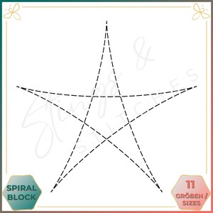 Könnte beinhalten: Eine Schwarzweiß-Linienzeichnung eines fünfzackigen Sterns mit gestrichelten Linien. Der Stern ist durch Linien, die sich in der Mitte kreuzen, in fünf Abschnitte unterteilt. Der Text "SPIRAL BLOCK" befindet sich in der linken unteren Ecke und "11 GRÖßEN / SIZES" in der rechten unteren Ecke.