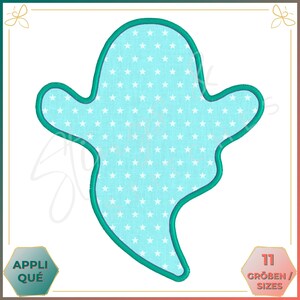 May include: A teal blue ghost applique with a white star pattern. The ghost is outlined in teal blue. The text "11 GRÖßEN / SIZES" is in the lower right corner of the image.