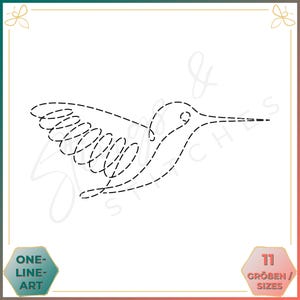 Puede incluir: Un diseño de colibrí de arte de una línea negra sobre un fondo blanco. El colibrí se representa con una serie de líneas discontinuas, con el texto "ONE-LINE-ART" y "11 GRÖBEN / SIZES" en las esquinas.