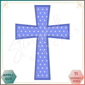 May include: A blue cross with white stars on a white background. The cross is outlined in a darker blue. The text "11 Größen / Sizes" is in the bottom right corner.