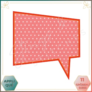 Puede incluir: Un globo de diálogo rojo con un patrón de estrellas blancas. El globo de diálogo tiene un borde redondeado y una cola puntiaguda. El texto "11 Größen / Sizes" está en la esquina inferior derecha de la imagen.