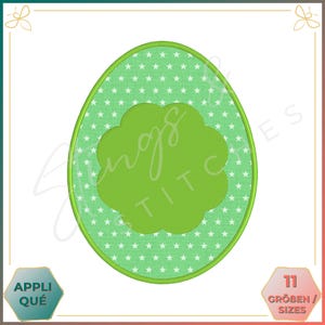 May include: Green Easter egg embroidery design with a white star pattern and a green flower shape in the center. The design is perfect for creating personalized Easter decorations.