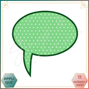 May include: Green speech bubble with white stars, outlined in dark green. The bubble has a pointed tail.