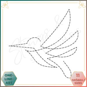 Könnte beinhalten: Eine Schwarzweiß-Linienzeichnung eines Kolibris. Die Zeichnung besteht aus einer einzigen durchgehenden Linie. Der Kolibri ist im Flug mit ausgebreiteten Flügeln. Die Zeichnung eignet sich zum Ausmalen oder Nachzeichnen.