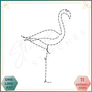 Könnte beinhalten: Eine Schwarzweiß-Linienzeichnung eines Flamingos. Der Flamingo steht auf einem Bein, der Hals ist S-förmig gebogen. Die Zeichnung besteht aus einer Reihe von gestrichelten Linien.