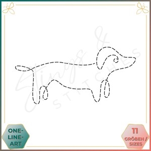 Può includere: Un disegno in bianco e nero di un bassotto. Il cane è disegnato in uno stile di linea continua, con una linea tratteggiata per indicare il contorno. L'immagine è adatta per essere utilizzata come pagina da colorare o per creare un'opera d'arte in una sola linea.
