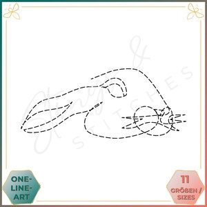 Op de afbeelding: Een zwart-witte lijntekening van een konijn, met een gestippelde lijnomtrek. De afbeelding is gelabeld met "One-Line Art" en "11 Größen/Sizes".