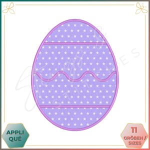 May include: Purple Easter egg embroidery design with a white star pattern and a wavy line design. The design is available in 11 sizes.
