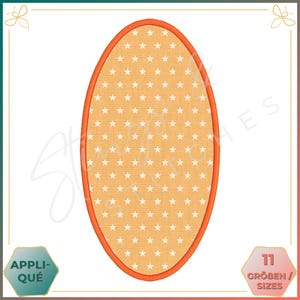 May include: Orange oval applique with a white star pattern. The applique has a thick orange border.