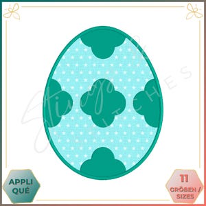 May include: A teal blue Easter egg with a white background and a pattern of white stars. The egg has four teal blue clover shapes on it.