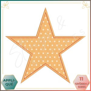 Op de afbeelding: Een grote oranje ster met een wit stippenpatroon en een rode omtrek. De ster is een digitaal borduurpatroon dat beschikbaar is in 11 maten.