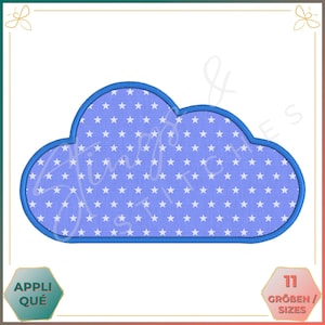 Può includere: Design di ricamo a forma di nuvola blu con un motivo a stelle bianche. Il design è contornato di blu.