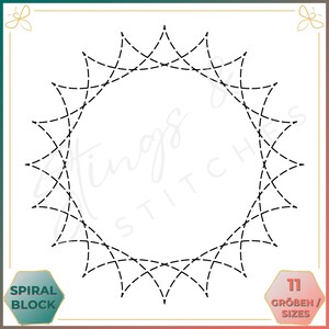 Könnte beinhalten: Eine Schwarzweiß-Linienzeichnung eines Spiralblock-Designs. Das Design besteht aus einer Reihe von geschwungenen Linien, die ein kreisförmiges Muster bilden. Der Text "SPIRAL BLOCK" befindet sich in der linken unteren Ecke des Bildes. Der Text "11 GRÖßEN / SIZES" befindet sich in der rechten unteren Ecke des Bildes.