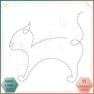 Könnte beinhalten: Eine Schwarzweiß-Linienzeichnung einer Katze. Die Katze ist mit einer gestrichelten Linie umrandet. Das Bild ist mit "One-Line Art" und "11 Größen / Sizes" beschriftet.