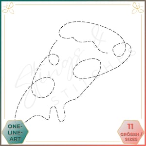 Könnte beinhalten: Eine Schwarzweiß-Linienzeichnung einer Pizzastückes. Das Bild ist eine einzeilige Zeichnung, wobei eine gepunktete Linie die Form des Pizzastücks umreißt.