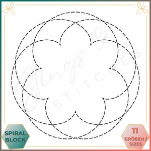 Könnte beinhalten: Eine Schwarzweiß-Zeichnung eines Spiralblockmusters. Das Muster besteht aus einer Reihe sich überlappender Kreise und Bögen. Der Text "SPIRAL BLOCK" befindet sich in der linken unteren Ecke des Bildes. Der Text "11 GRÖßEN / SIZES" befindet sich in der rechten unteren Ecke des Bildes.