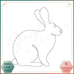 Op de afbeelding: Een zwart-witte lijntekening van een konijn. Het konijn zit met zijn oren omhoog. De tekening is gemaakt met één doorlopende lijn.