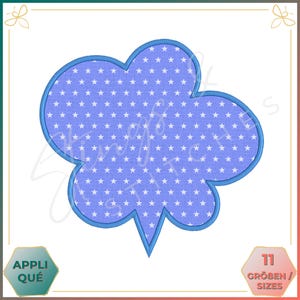 May include: A blue cloud-shaped appliqué with a white star pattern. The appliqué has a blue outline and is ideal for adding a whimsical touch to crafts and projects.