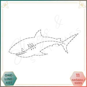 Könnte beinhalten: Eine Schwarzweiß-Linienzeichnung eines Hais, die mit einer gestrichelten Linie umrandet ist. Das Bild ist mit "One-Line Art" und "11 Größen / Sizes" beschriftet.