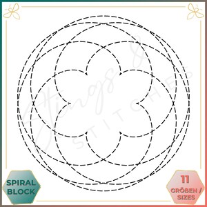 Könnte beinhalten: Eine Schwarzweiß-Linienzeichnung eines Spiralblockmusters. Das Muster besteht aus sich überlappenden Kreisen und Bögen. Das Bild ist mit "Spiral Block" und "11 Größen / Sizes" beschriftet.