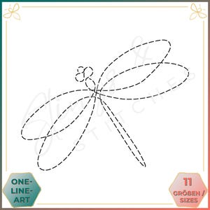 Könnte beinhalten: Eine Schwarzweiß-Linienzeichnung einer Libelle. Die Libelle ist mit einer einzigen durchgehenden Linie gezeichnet. Die Zeichnung eignet sich zum Ausmalen oder als Vorlage für Stickereien.