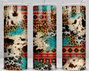 Peau de vache occidentale léopard aztèque 20 oz skinny tumbler png sublimation design télécharger, paillettes tumbler wrap png, 20 oz tumbler designs, télécharger