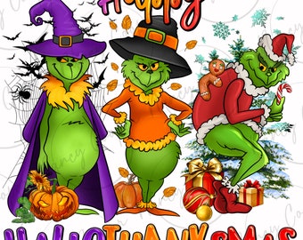 Könnte beinhalten: Eine skurrile Illustration mit drei grünen Figuren in Halloween-, Thanksgiving- und Weihnachtsoutfits. Das Bild enthält die Worte "Happy" und "Hallothanksmas" in leuchtenden Farben, zusammen mit Kürbissen, Geschenken und einer Zuckerstange.