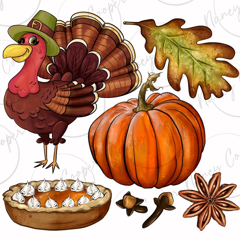 May include: A Thanksgiving-themed illustration featuring a cartoon turkey wearing a pilgrim hat, a pumpkin, a pie with whipped cream, a star anise, and two cloves.