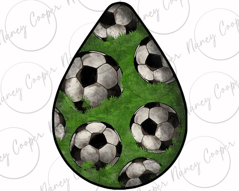 May include: A teardrop-shaped design with a green background and multiple black and white soccer balls. The soccer balls are worn and have a distressed look.