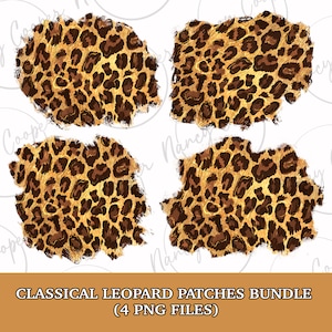 May include: Four digital leopard print patches in a bundle. The patches are in a distressed style with a gold foil effect. The patches are perfect for adding a touch of animal print to any project.