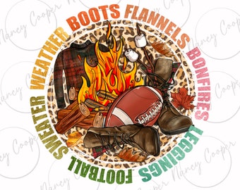 Boots flannels bonfires leggins American Football and sweater weather png, Fall png, Hello Fall png, Fall leaves png, sublimation download