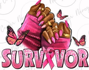 Puede incluir: Ilustración rosa y negra de dos manos con uñas manicuradas, sosteniendo una cinta rosa sobre un fondo brillante. La palabra "SURVIVOR" está escrita en letras de purpurina rosa con un patrón de leopardo. Dos mariposas rosas están a cada lado de las manos.