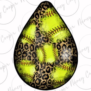 May include: A yellow softball with a black leopard print design. The softball has red stitching and is slightly faded.