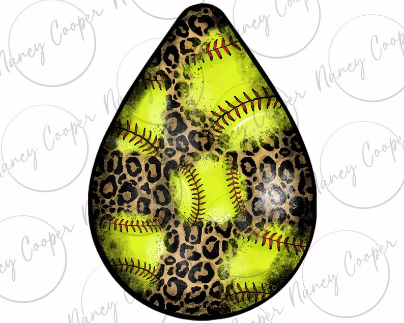 May include: A yellow softball with a black leopard print design. The softball has red stitching and is slightly faded.
