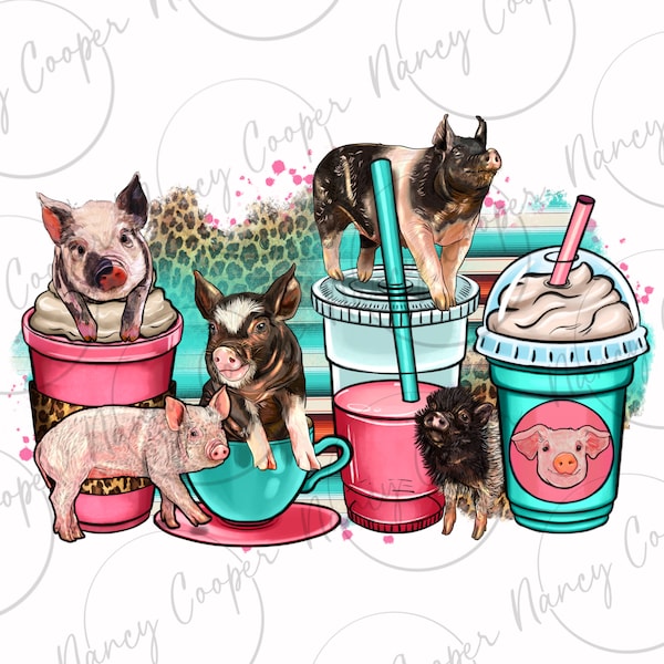 Pig coffee cups png sublimation design download, Pig png, western coffee cups png, coffee png, Pig sublimate designs download