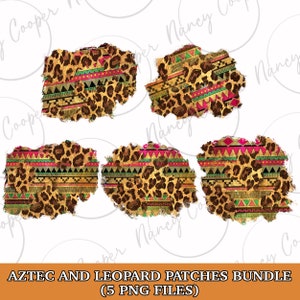 Puede incluir: Cinco archivos de diseño gráfico digital que presentan un patrón de estampado de leopardo con diseños geométricos de inspiración azteca en tonos dorados, rosados, verdes y marrones. Los diseños están en un estilo desgastado, desgarrado o rasgado.